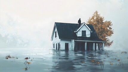 Lone Figure Awaiting Rescue on Flooded House Roof Amid Disaster Scene