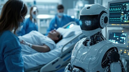 Fototapeta premium A robotic nurse assisting in patient care in a futuristic hospital room. The AI-powered robot administers medication and monitors the patient recovery progress while the medical staff supervises. The