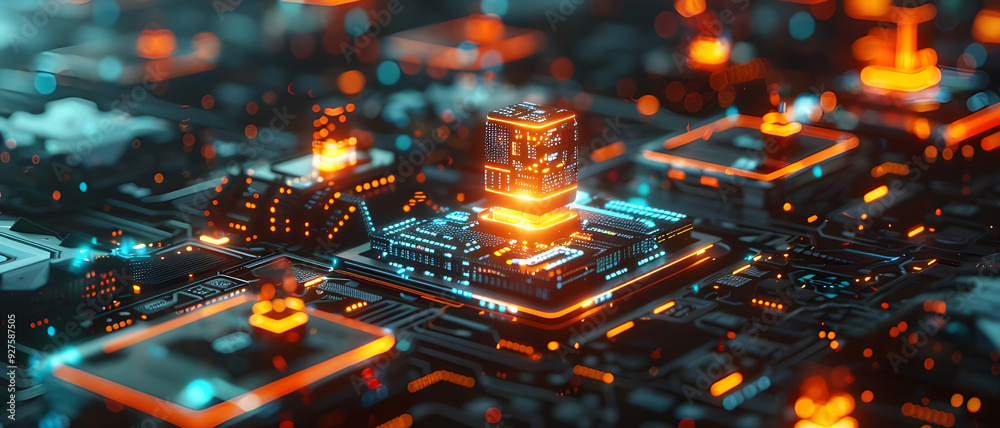 Poster a vibrant microchip emits an orange glow, embedded in a high-tech circuit board, symbolizing advance