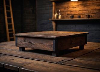 Vintage Rectangular Wooden Pedestal for Product Display Inside an Old House