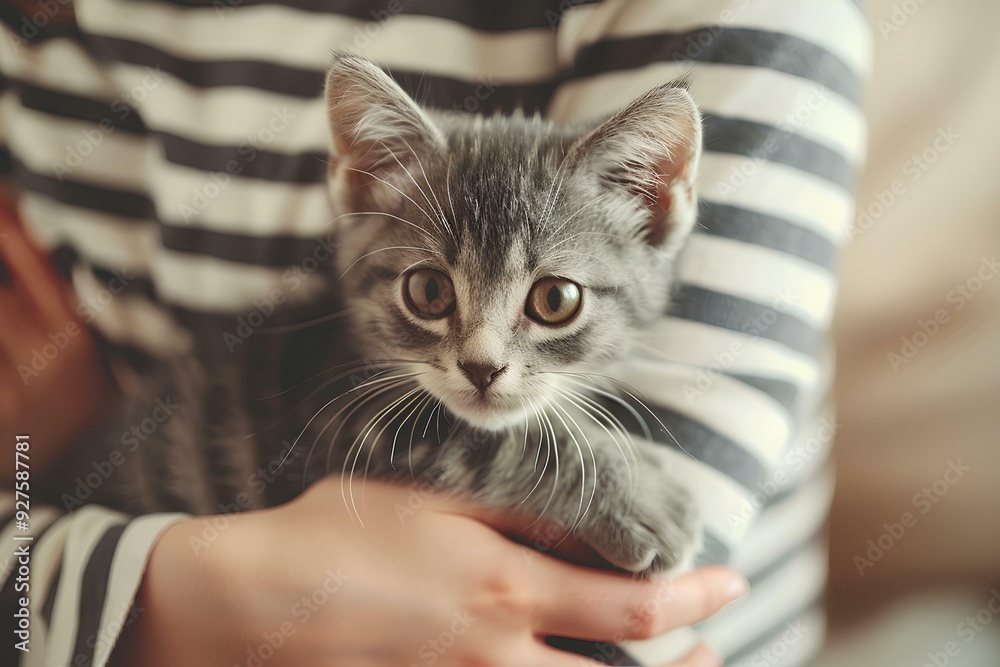 Wall mural woman holding a cute grey kitten in her hands, wearing a white and black striped shirt in a modern i