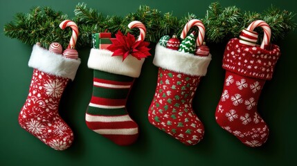 Colorful Christmas stockings adorned with festive decorations, ready for holiday gift-giving and celebrations. Perfect for winter cheer.