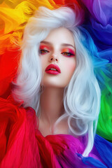 Fototapeta premium Ethereal Woman in a Rainbow Dress, a celestial figure with flowing white hair, sharp features, striking red eyes, and smooth skin, adorned in a vibrant chiffon dress amidst a heavenly city