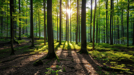 Sunlit Forest Serenity, a peaceful woodland scene where warm rays of sunlight gently filter through lush green leaves, creating a calming and inviting atmosphere.