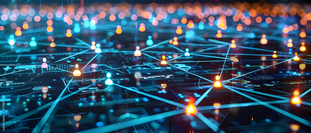 Poster A glowing digital network visualizing interconnected user avatars on a futuristic interface, representing online communities and global communication.