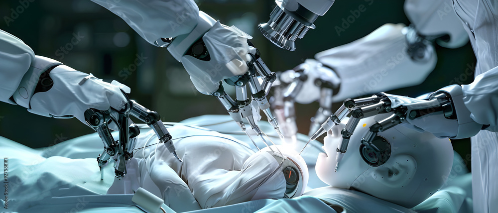 Poster close-up of robotic arms performing a high-tech surgical procedure on a robot, showcasing advanced m
