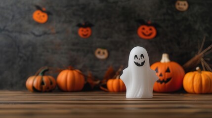 Halloween Festivity with Cheerful Ghost and Vibrant Pumpkins on Rustic Table, perfect for seasonal greetings and festive promotions, inviting atmosphere and playful spirit