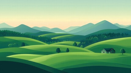 Lush Green Hills, a serene illustration of gently rolling hills covered in vibrant greenery, showcasing a peaceful and harmonious natural environment.
