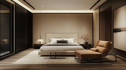 A stylish bedroom interior with a minimalist design. 