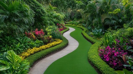 Fototapeta premium Botanical Paradise, a vibrant garden filled with exotic plants, colorful flowers, and winding pathways, inviting exploration and a sense of tranquility amidst nature's beauty.