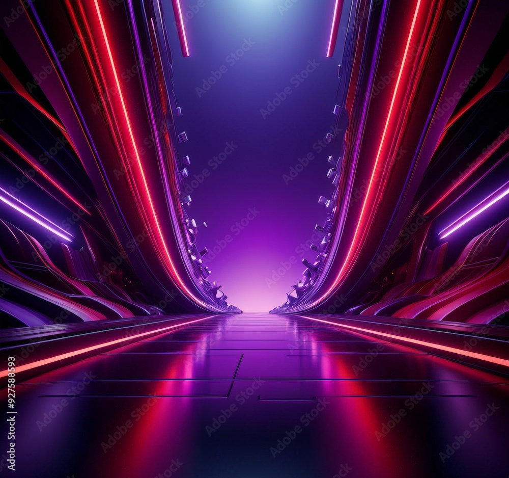 Poster tunnel with neon lights and dark background