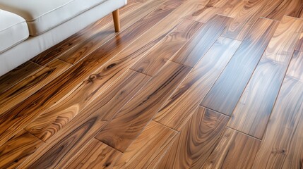 Elegant polished hardwood floor, warm tones radiating comfort, rich wood grain enhancing classic and timeless aesthetic, inviting ambiance creating a cozy atmosphere.