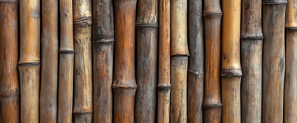 Fototapeta premium Close-up of a bamboo wall with various shades of brown.