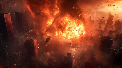 Fototapeta premium Missile Strike Triggers Massive Explosion in City Center with Debris Scattering Everywhere