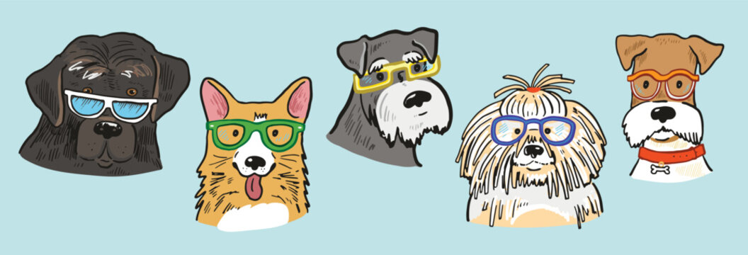 Set of dogs with glasses. Vector illustration on a white background.
