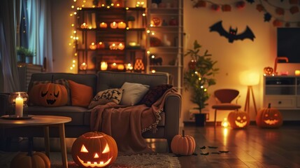 A family room with Halloween decorations and a cozy party atmosphere.