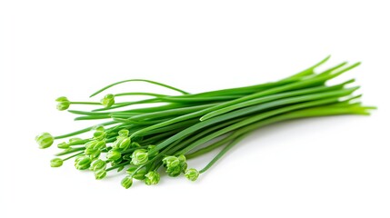 31. "An isolated close-up of a bunch of fresh chives on a pristine white background, showcasing their vitamins and minerals
