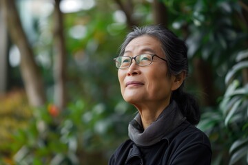Thoughtful Asian Woman in Nature