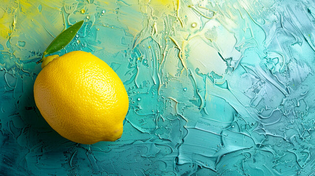 Bright yellow lemon resting on a textured blue-green background with artistic flair