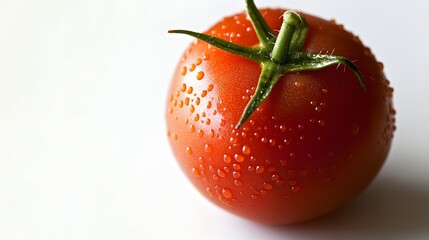 10. "A close-up of a fresh tomato on a white background, emphasizing its lycopene and nutrient-rich qualities