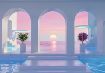 Minimalist stage design concept for Greek pool party, backdrop with modern greek architecture elements and arches, summer vibes, pink sky, blue tones