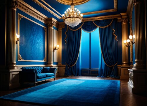 blue room with couch and chandel
