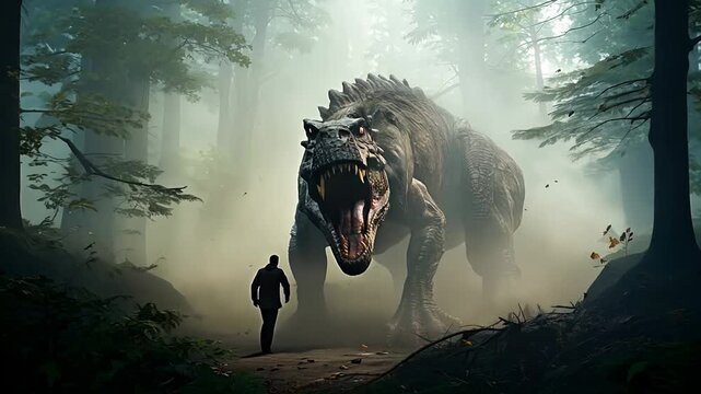 Scary Tyrannosaurus Rex in a misty primeval forest