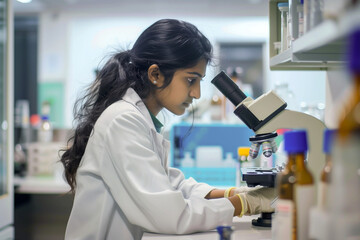 female laboratory assistant examines scientific samples through microscope
