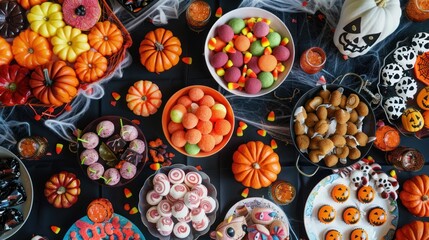 A flat lay of various Halloween sweets on a spooky-themed tablecloth.