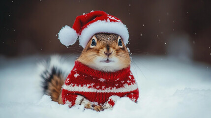 Squirrel wearing a red sweater and Santa hat sitting in snow during winter