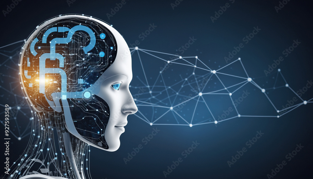 Poster artificial intelligence digital brain circuit technology concept with neural network connections on dark background copy space