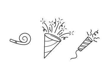 Hand Drawn Birthday Party Elements Including Party Hat, Noise Maker, And Confetti Popper. Simple Line Art Vector