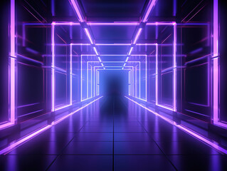 Obraz premium Eyecatching Bright neon frame in the middle of a stone concrete museum