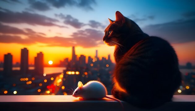 a cat sits on a window sill and looks out at a city skyline
