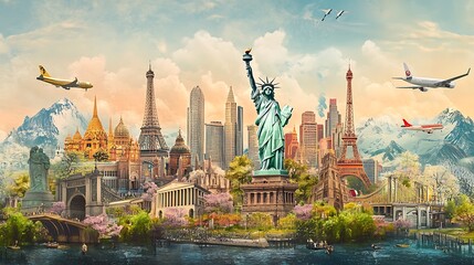 Fototapeta premium Illustration of the Statue of Liberty surrounded by various tourist attractions, the Eiffel Tower, Thai temples and more.