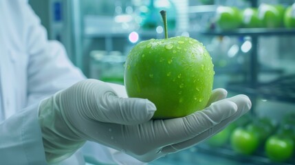 close up hand scientist hold green apple in technology laboratory. GMO and laboratory studies, vegetable, laboratory, biology, science, agriculture, chemical, research, modification