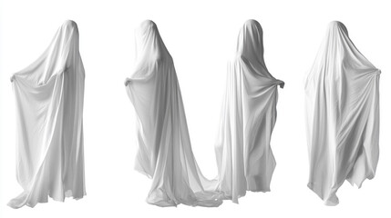 A figure draped in white fabric moves gracefully, showcasing flowing cloth in various poses