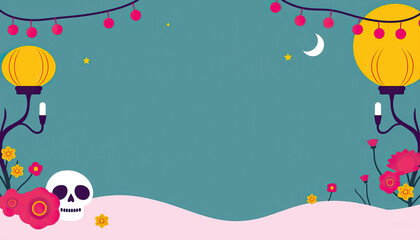 day of dead festival background lanterns skull flowers crescent moon stars copy space for text vector