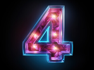 Luxurious number four glowing in the dark pink blue neon light