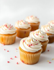 Colorful cupcakes with frosting, set against a white background