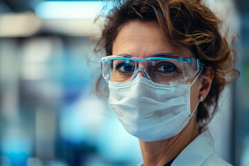 Face of middle aged female scientist with face mask and protective glasses in lab