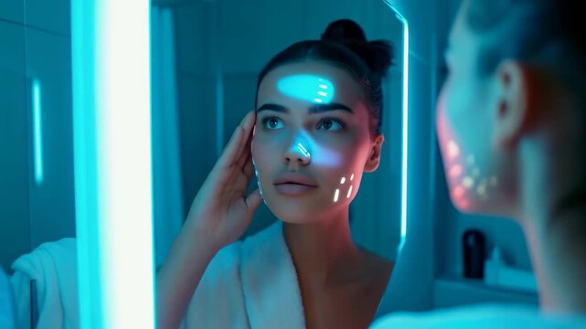 Young woman applying skincare in neon-lit bathroom, facial reflections