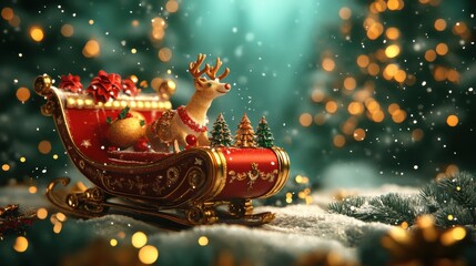 Festive sleigh with reindeer, adorned with decorations, set in a snowy wonderland filled with sparkling lights.