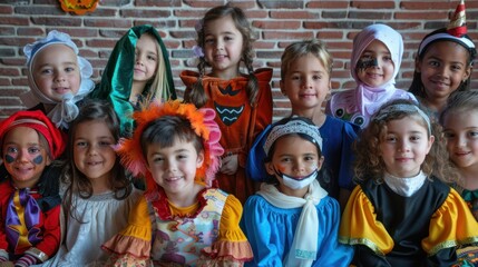 A group of diverse children in colorful Halloween costumes, posing for a photo.