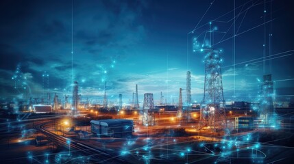 Obraz premium Modern factory, communication network. Telecommunication. IoT, Internet of Things, ICT, Information communication Technology,. Smart factory. Digital transformation, cloud connecting, generate by AI