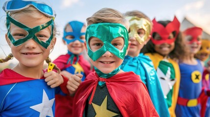 Obraz premium A group of kids in themed costumes, like superheroes or princesses.