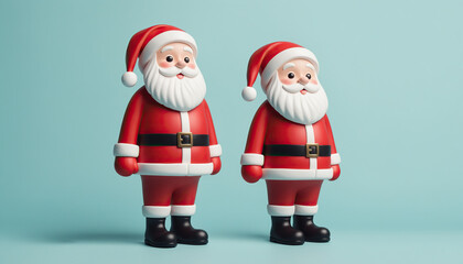 two cute 3d Santa Claus figures standing side by side on light blue background festive holiday celebration decoration