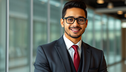 Fototapeta premium young handsome indian smiling professional man in formal business suit tie glassesconfident pose agianst blurred inside interior office building lobby background