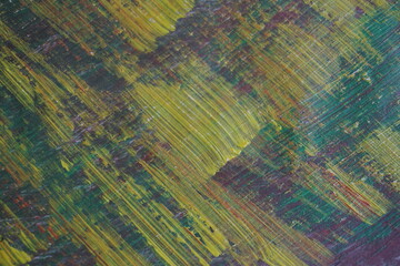 Fototapeta premium Abstract yellow acrylic paint splatter on turquoise paint surface, Colorful messy paint splash textured background, Distressed mixed color pattern strokes backdrop