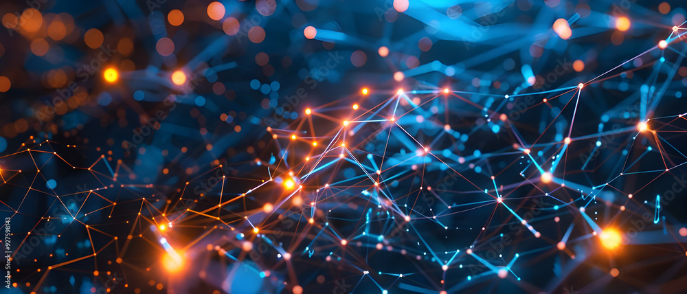 Aufkleber Abstract visualization of a digital network with interconnected glowing nodes, representing data flow and connectivity in technology.